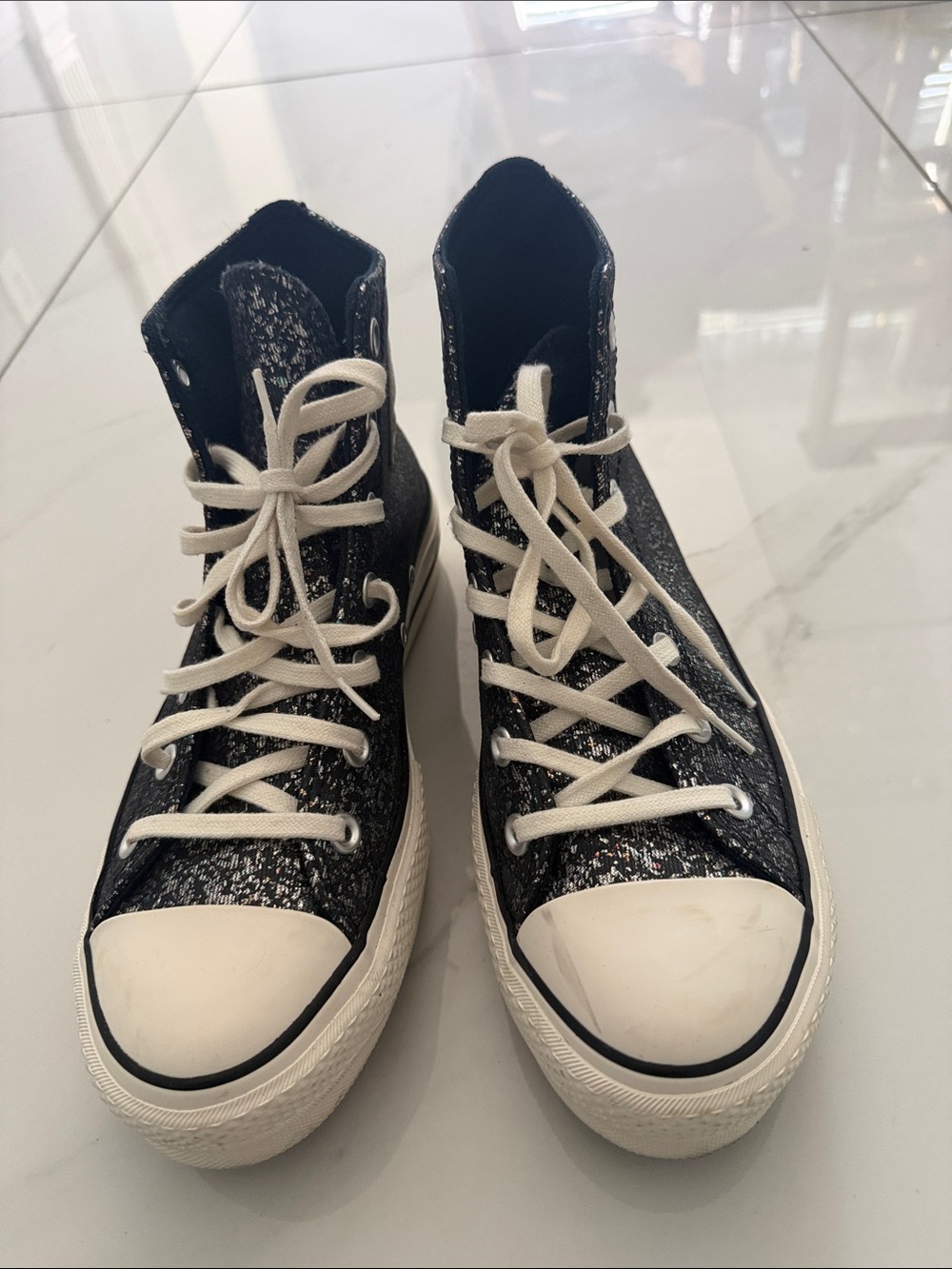 Black Glitter High-Top Sneakers with Cream Laces